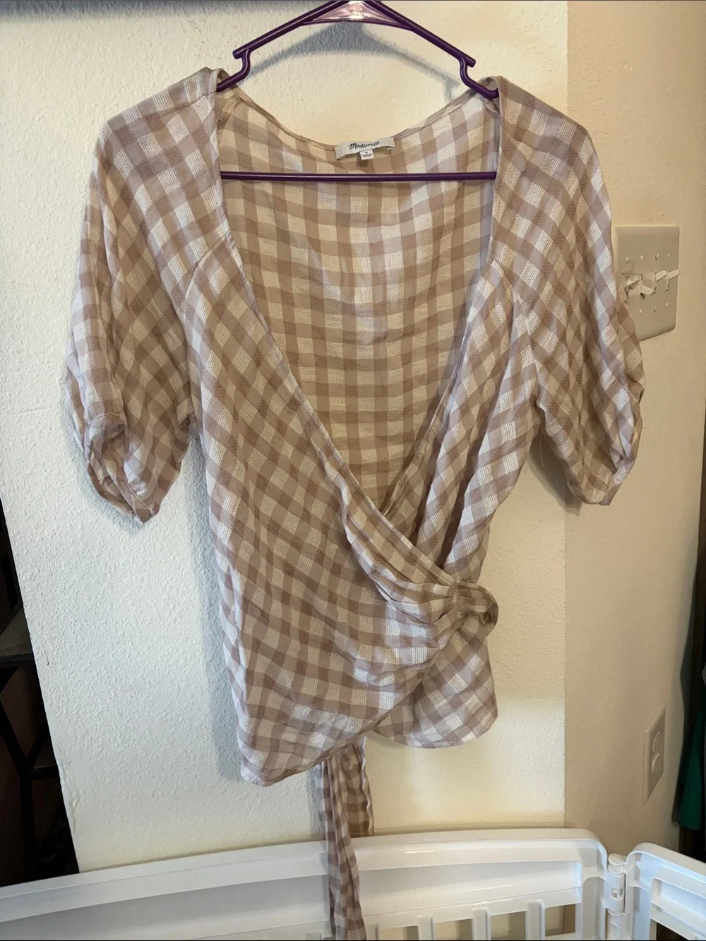 Madewell Beige Gingham Wrap Blouse with Short Puff Sleeves